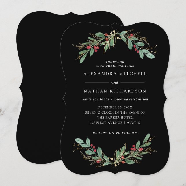 Invitación Verde dorado negro | Navidades Boda de vacaciones (Anverso / Reverso)