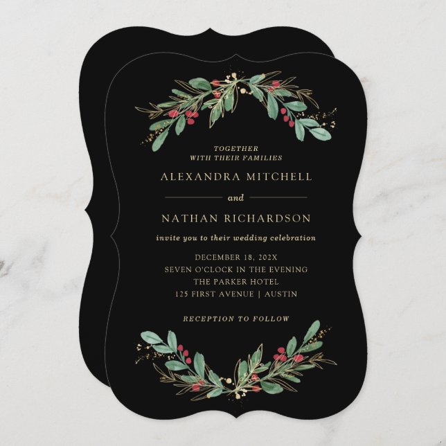 Invitación Verde dorado negro | Navidades Boda de vacaciones (Anverso / Reverso)