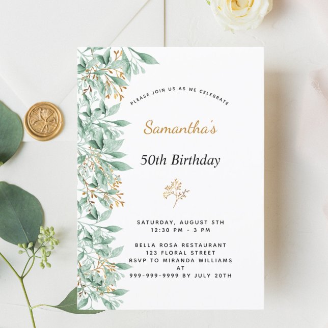 Invitación Verde dorado vegetación botánica cumpleaños blanco (Subido por el creador)