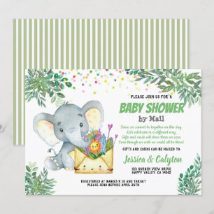 Invitación Verde Ducha de bebé elefante por correo , virtual