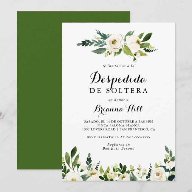 Invitación Verde Ducha nupcial floral española de otoño (Anverso / Reverso)