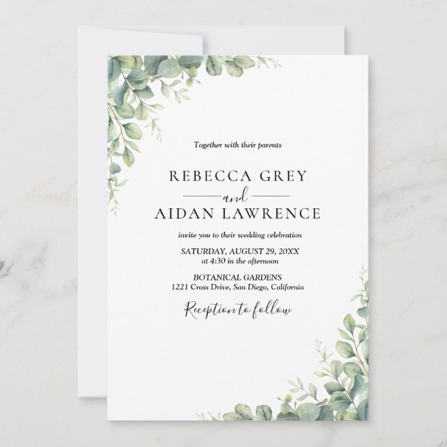 Invitación Verde elegante de eucalipto (Anverso)