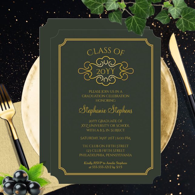 Invitación Verde elegante | Fiesta de graduación de Gold Coll (Elegant Green and Gold Tone College and University Graduation Announcement and Party Invitation)