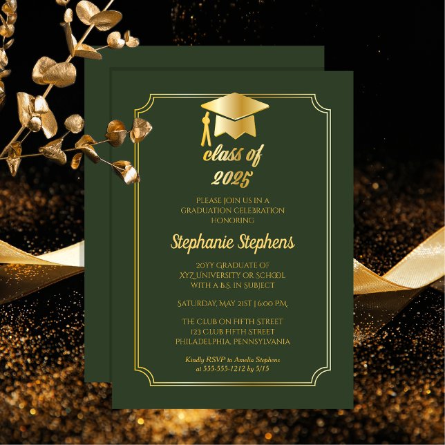 Invitación Verde elegante | Fiesta de Graduación del Gold Cap (Elegant Green and Gold Tone Grad Cap College | University Graduation Announcement and Party Invite)