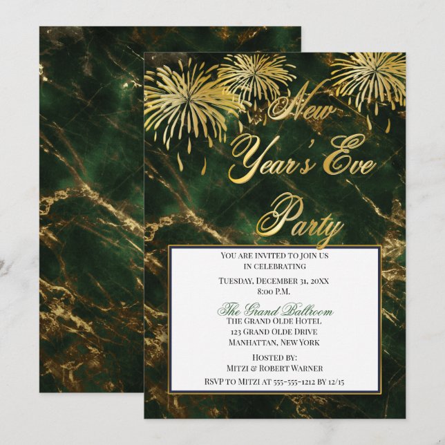 Invitación Verde elegante| Fiesta de Nochevieja de Mármol de  (Anverso / Reverso)