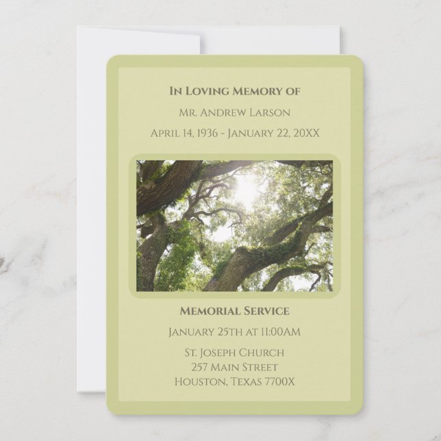 Invitación Verde en el funeral de los Árboles de memoria amor (Anverso)