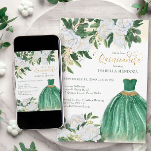 Invitación Verde Esmeralda Blanca Peonía Princesa Quinceañera