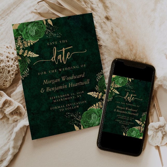Invitación Verde Esmeralda Bodas Florales de Oro Save the Dat (Subido por el creador)
