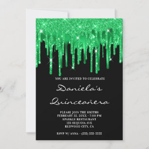 Invitación Verde Esmeralda Brillo Lámina Gotea Negra Quinceañ