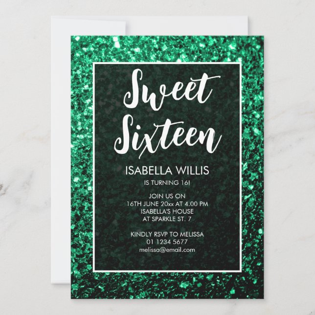 Invitación Verde esmeralda chispas Sweet 16 guión elegante (Anverso)