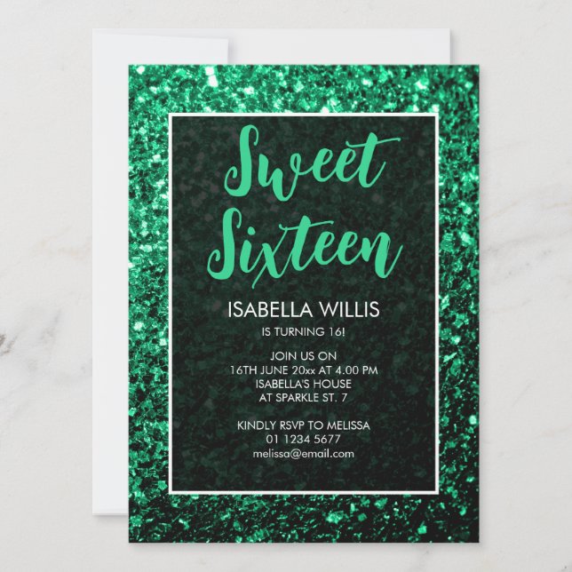 Invitación Verde esmeralda chispas Sweet 16 guión elegante (Anverso)
