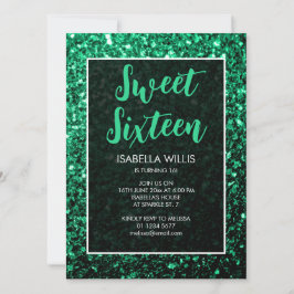 Invitación Verde esmeralda chispas Sweet 16 guión elegante