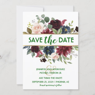 Invitación Verde Esmeralda Dorado Merlot Azul Marino Boho Sal