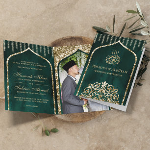 Invitación Verde Esmeralda Dorado Vintage Arco Islámico Boda