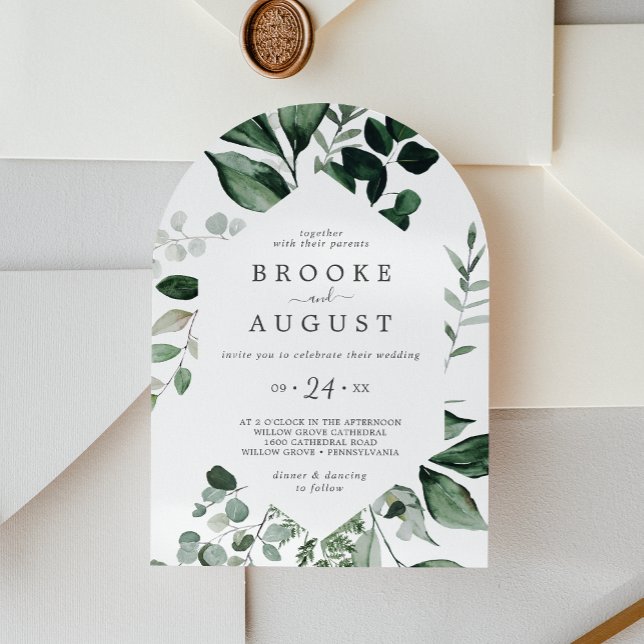 Invitación Verde Esmeralda Elegante Boda del Arco Boho Casual (Emerald Greenery Elegant Boho Casual Arch Wedding Invitation)