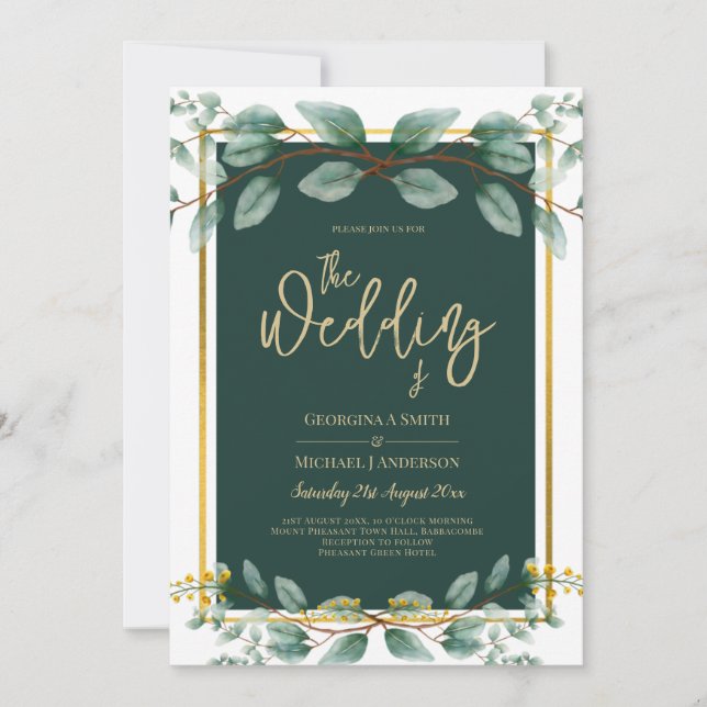 Invitación Verde Esmeralda Eucalyptus Blanco Floral de oro (Anverso)