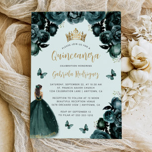 Invitación Verde Esmeralda Flor de Oro Princesa Quinceañera