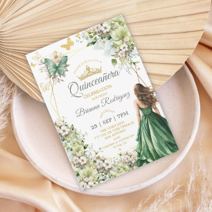 Invitación Verde Esmeralda Floral Mariposa Dorada Quinceañera
