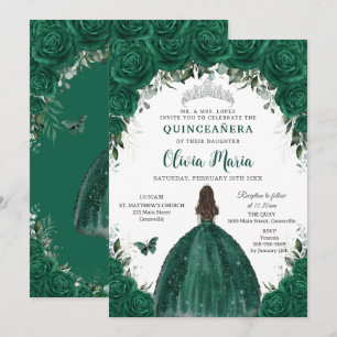 Invitación Verde Esmeralda Floral Princesa Quinceañera Plata