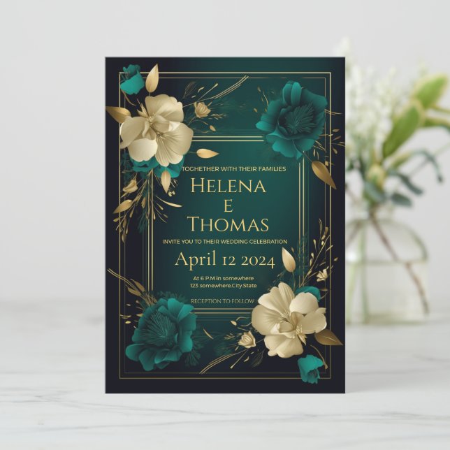 Invitación Verde esmeralda floral y oro