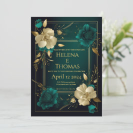 Invitación Verde esmeralda floral y oro