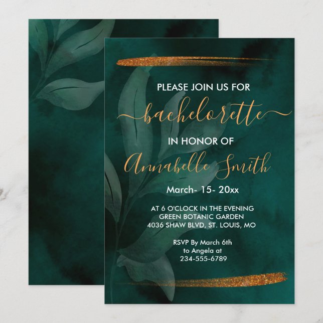 Invitación verde esmeralda moderno y deja soltero (Anverso / Reverso)