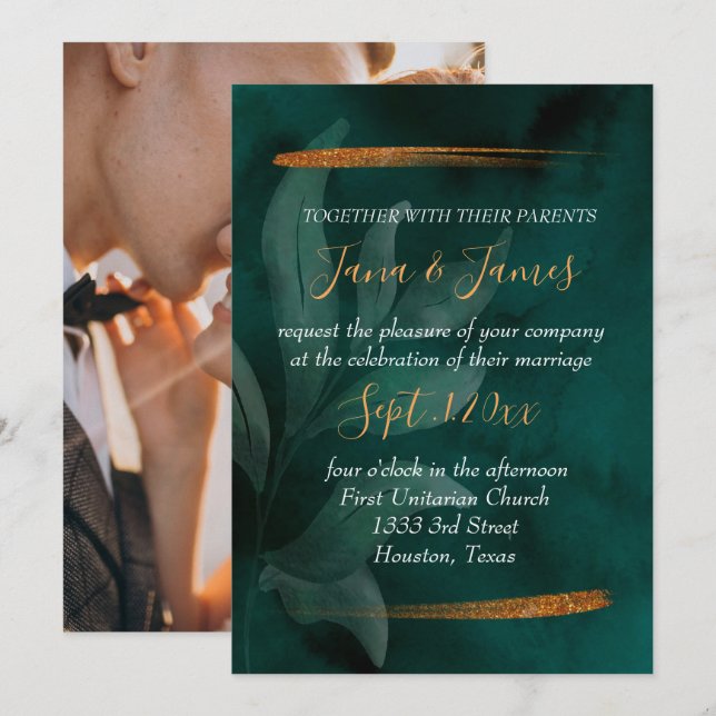 Invitación verde esmeralda moderno y hojas (Anverso / Reverso)