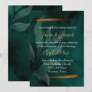 Invitación verde esmeralda moderno y hojas