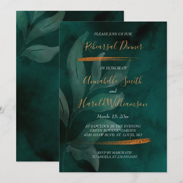 Invitación verde esmeralda moderno y hojas Cena escénica (Anverso / Reverso)