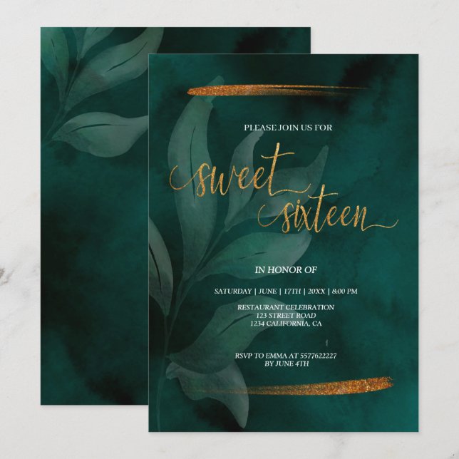 Invitación verde esmeralda moderno y hojas dulce 16 invitació (Anverso / Reverso)