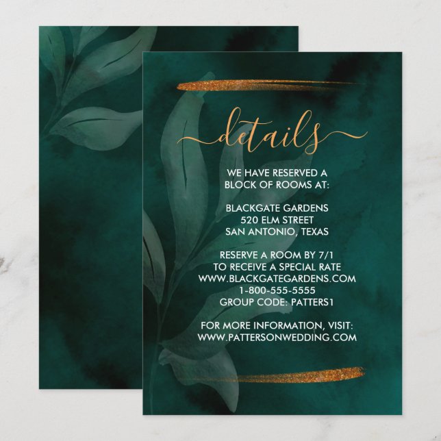 Invitación verde esmeralda moderno y hojas Gabinete (Anverso / Reverso)