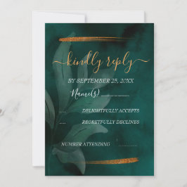 Invitación verde esmeralda moderno y hojas RSVP