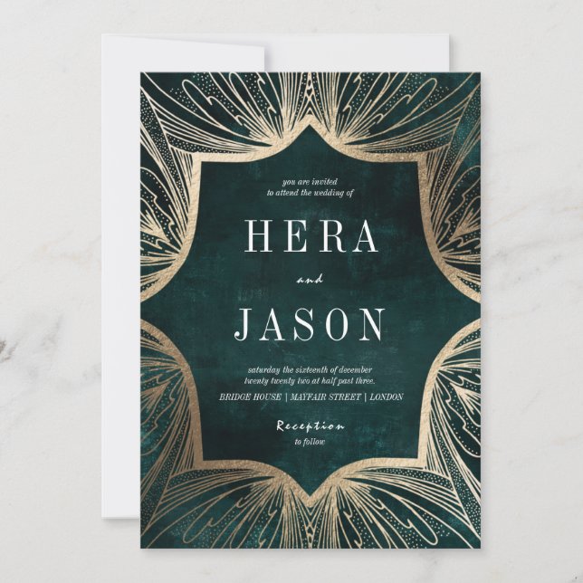 Invitación Verde esmeralda oscuro y oro falso Art Nouveau (Anverso)