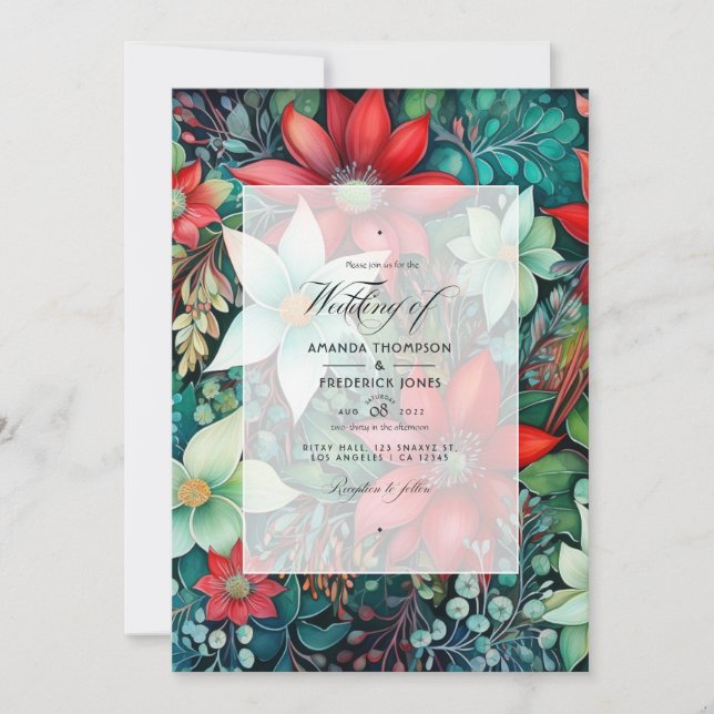 Invitación Verde esmeralda, rojo garnet y Boda blanco nevado (Anverso)