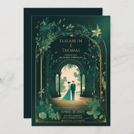 Invitación Verde Esmeralda Romántico Y Oro.