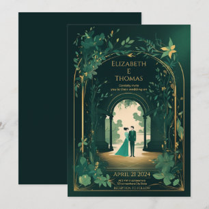 Invitación Verde Esmeralda Romántico Y Oro.
