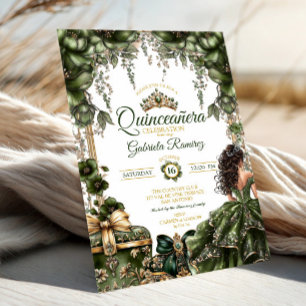 Invitación Verde Esmeralda Tiara Floral Dorada Quinceañera
