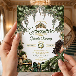 Invitación Verde Esmeralda Tiara Floral Dorada Quinceañera