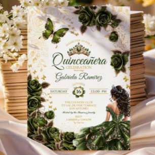 Invitación Verde Esmeralda Tiara Floral Dorada Quinceañera