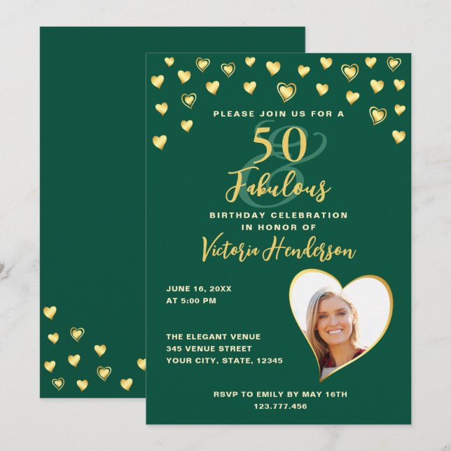 Invitación Verde Esmeralda y Elegante de oro 50 cumpleaños (Anverso / Reverso)