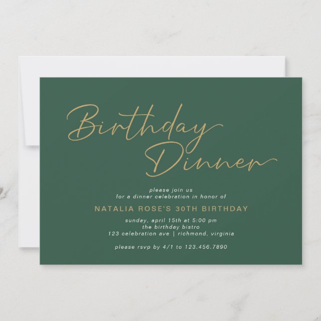 Invitación Verde Esmeralda y oro | Elegante cena de cumpleaño (Anverso)