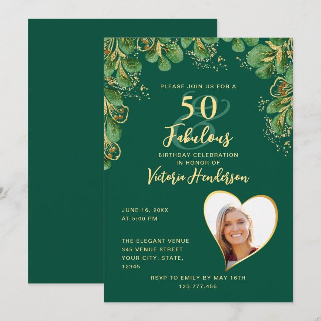 Invitación Verde Esmeralda y Verdor de Oro 50 y Cumpleaños Fa (Anverso / Reverso)