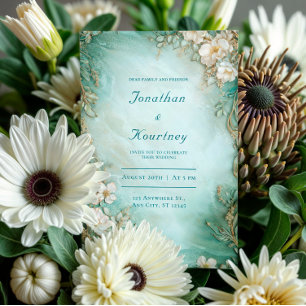Invitación Verde Espuma de Mar Dorado Blanco Floral Boda Vint