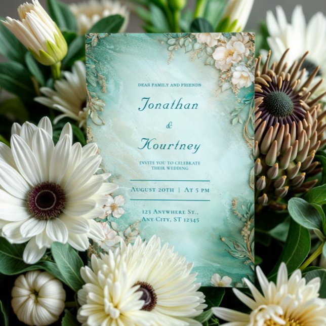 Invitación Verde Espuma de Mar Dorado Blanco Floral Boda Vint (Subido por el creador)