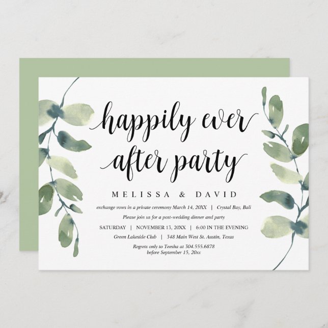 Invitación Verde Eucalipto, Boda Moderna Huida (Anverso / Reverso)