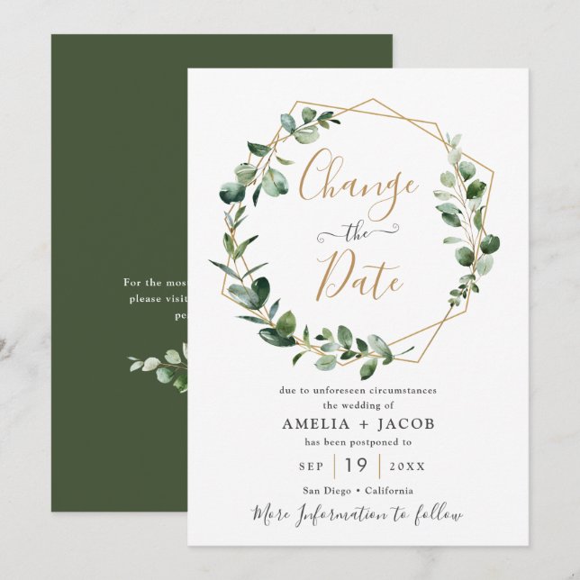 Invitación Verde Eucalipto Dorado Geométrico Cambia la Fecha (Anverso / Reverso)