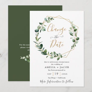 Invitación Verde Eucalipto Dorado Geométrico Cambia la Fecha