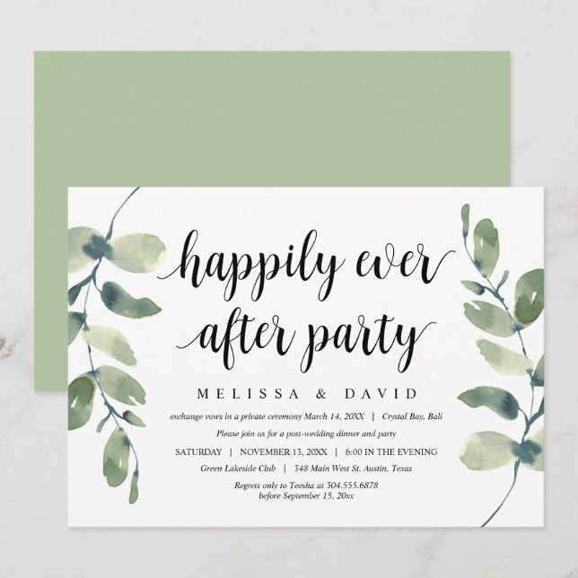 Invitación Verde Eucalipto, Elopement de Boda Moderno (Anverso / Reverso)