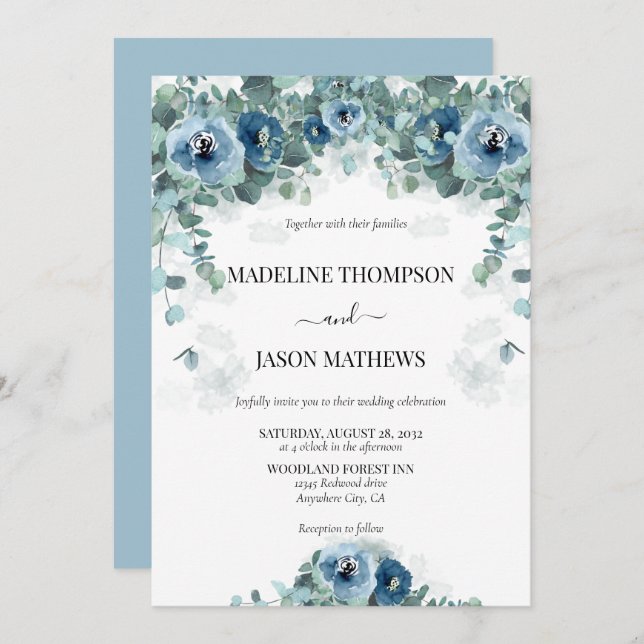 Invitación Verde Eucalipto Floral azul turbio 2 Boda (Anverso / Reverso)