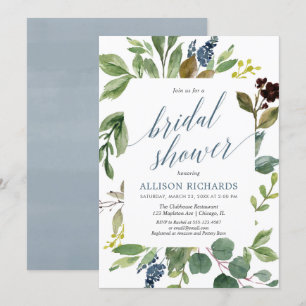 Invitación Verde eucalipto hojas verdes polvoriento azul novi